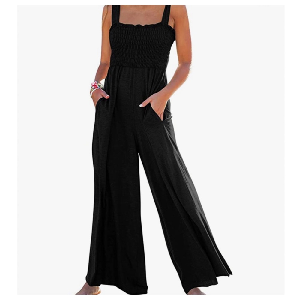 41 Mocha Boho Smocked Wide Leg Solid Knit Jumpsuit with Pocke… - Picture 4 of 7
